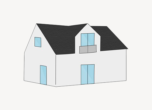 En illustration af 1 1/2 plans hus
