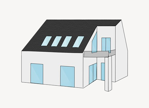 En illustration af et hus med forskudt plan