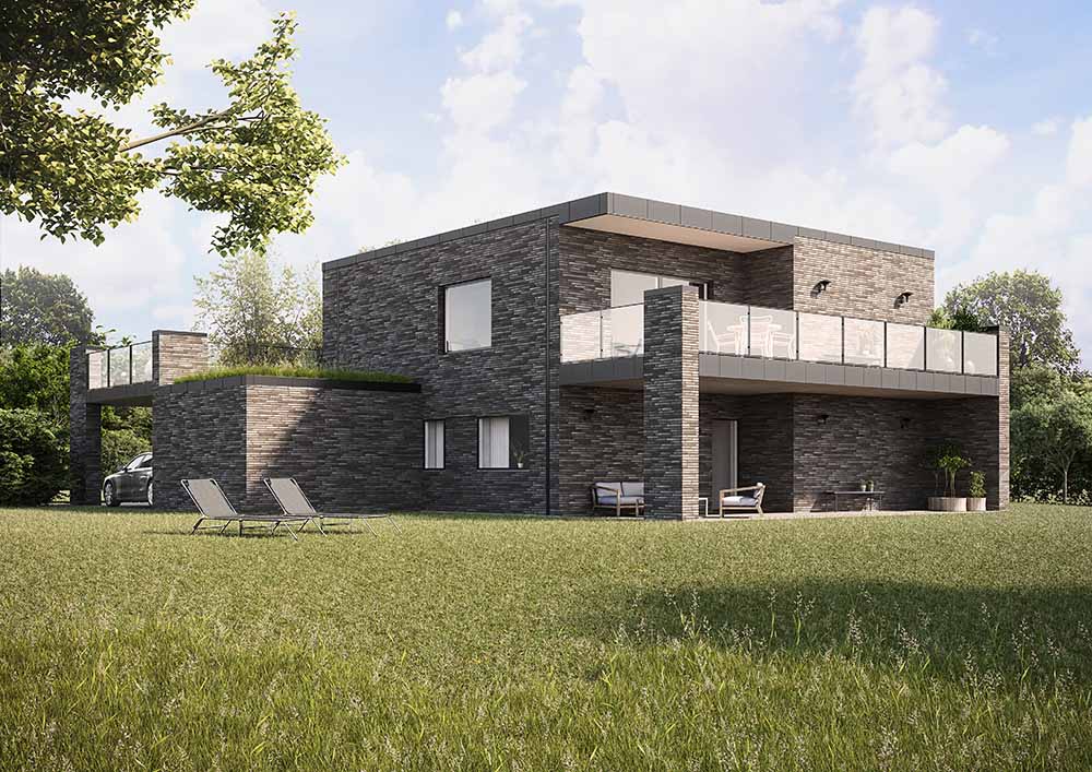 Et 3D 2 plans hus i mørke mursten og med stor have
