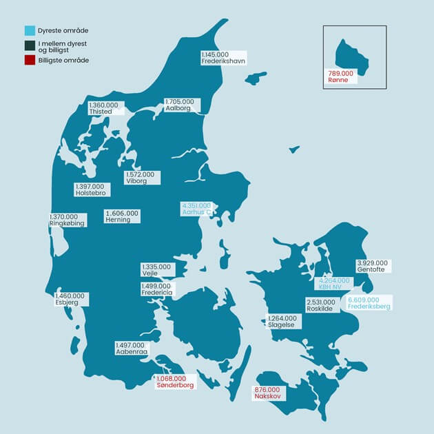 Kort over Danmark og hvordan postnummeret påvirker prisen på at bygge nyt